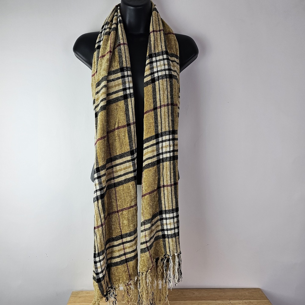 Nova Check Womens One Size Scarf Tan Velvet Plaid Rectangle‎ Soft Classic Wrap